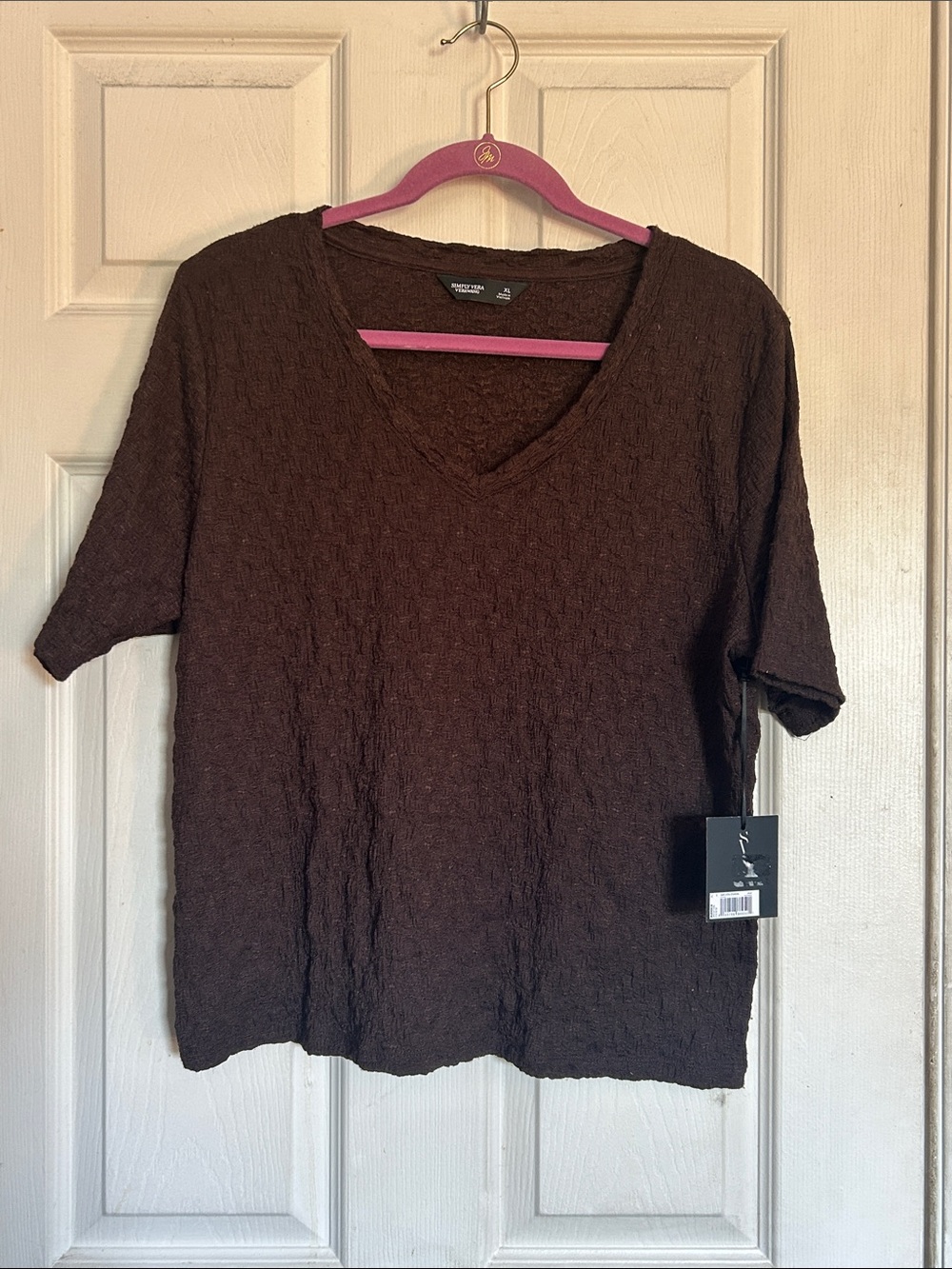 NWT Simply Vera Vera Wang Java brown v neck short sleeve pucker top size XL